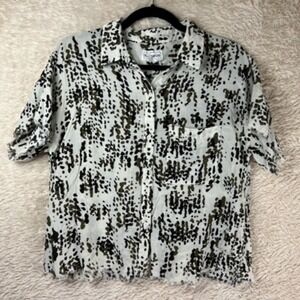 For The Republic Women L Button Front Shirt Beige Black Short Sleeve Juniors Art